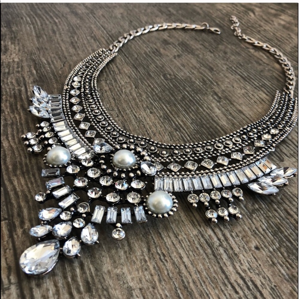 Statement Chunky Silver Necklace Rhinestones Boho - image 8